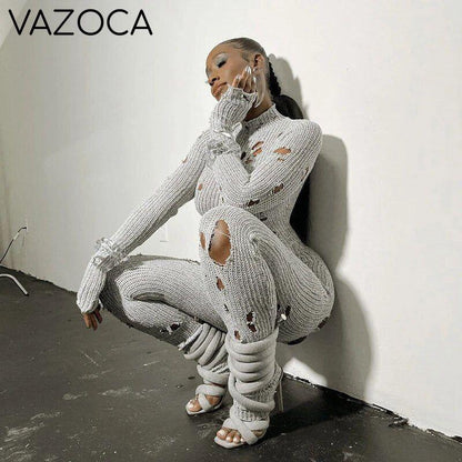 Hollow Ripped Knitted Jumpsuit