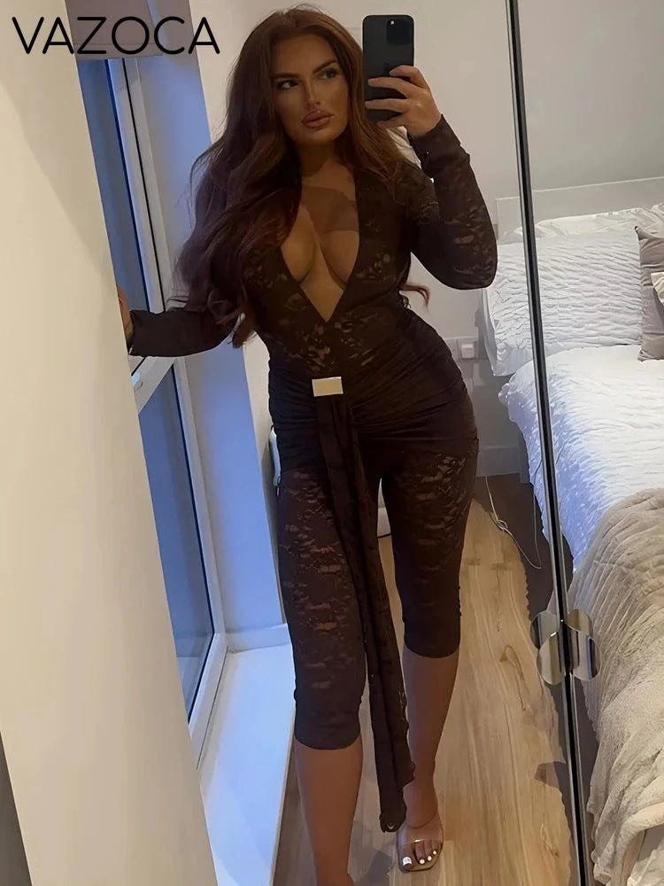 Lace Ruched Deep V-Neck Romper