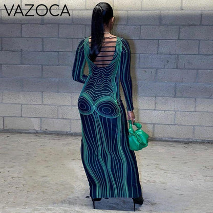 Wave Body Print Maxi Dress