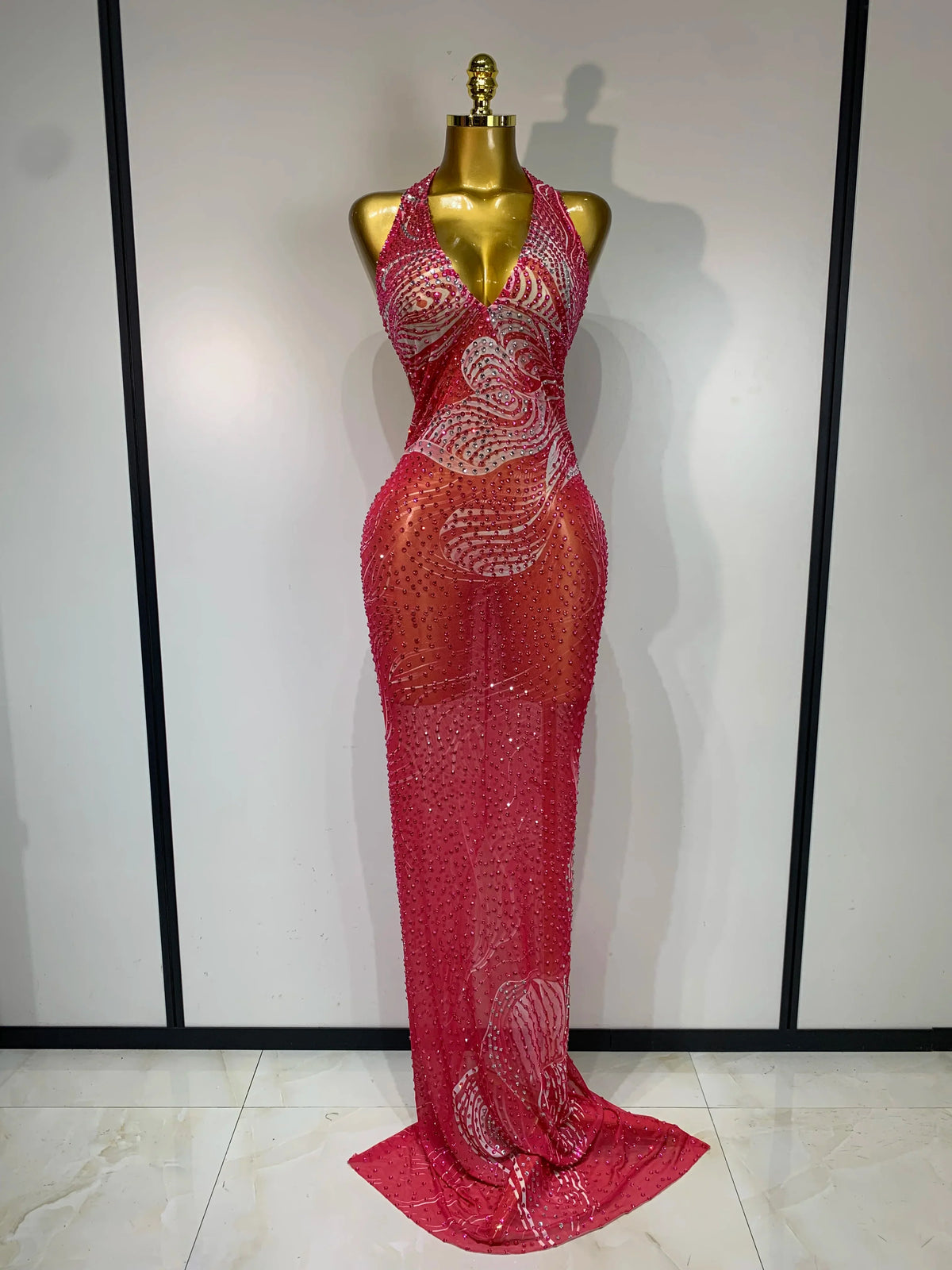 Luxe Rhinestone Mesh Maxi Dress- Peach Pink