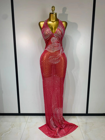 Luxe Rhinestone Mesh Maxi Dress- Peach Pink