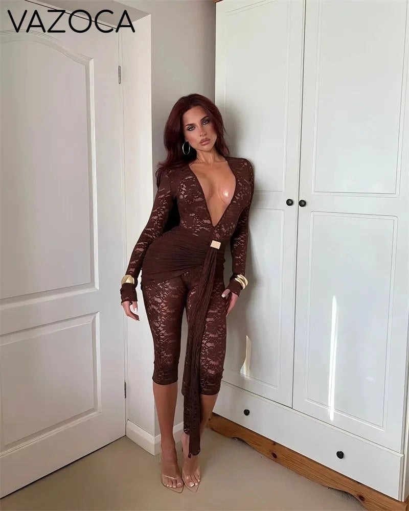 Lace Ruched Deep V-Neck Romper