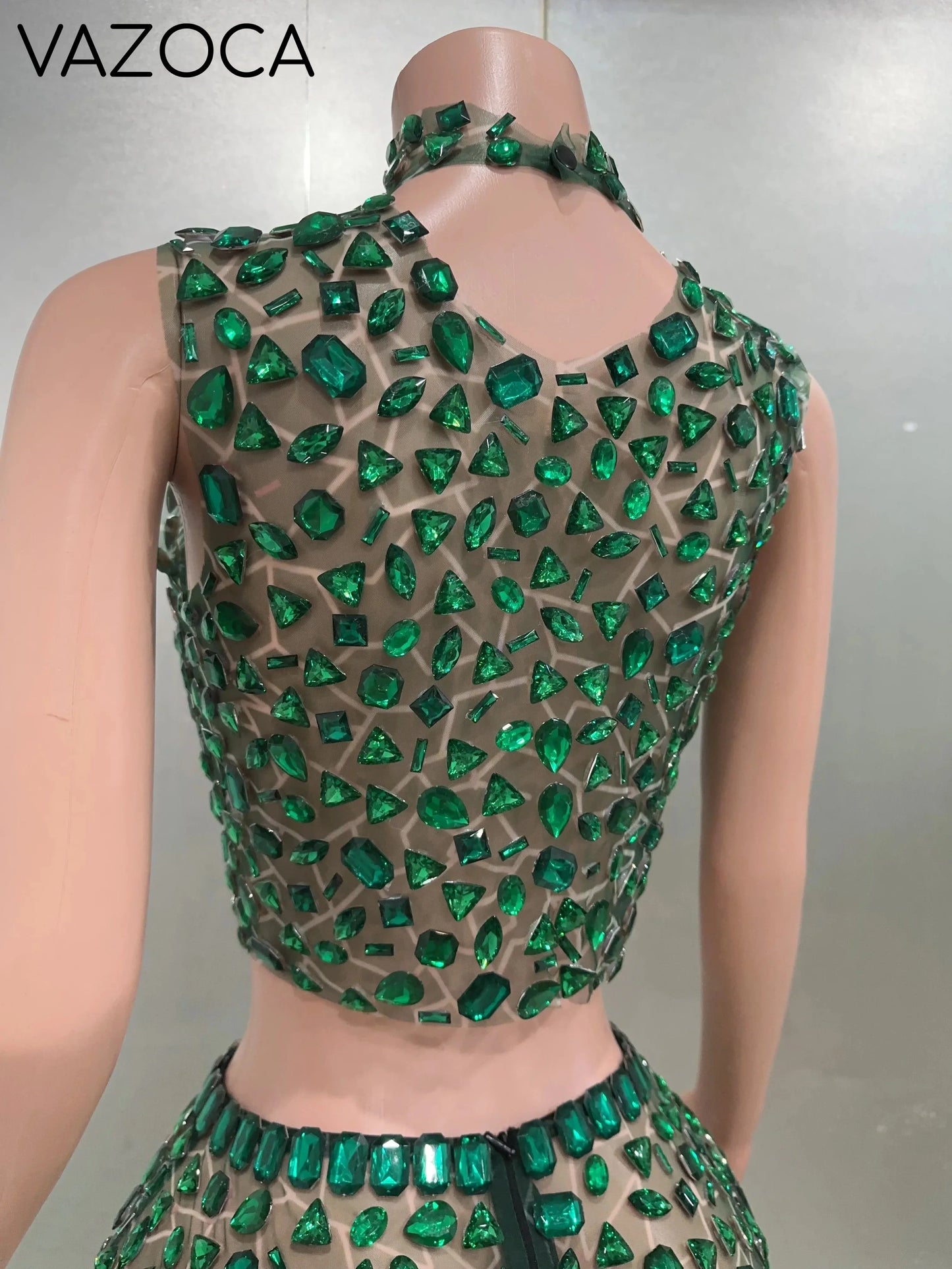Rhinestone Green Mini Skirt Set