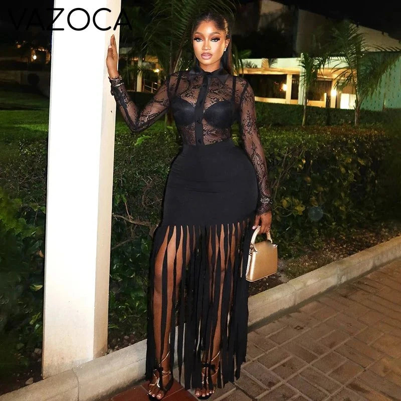 Fringe Skirt Lace Top Set