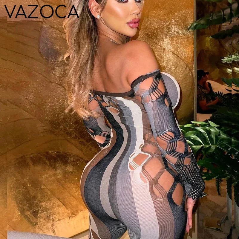 Mesh Striped Hollow Jumpsuit
