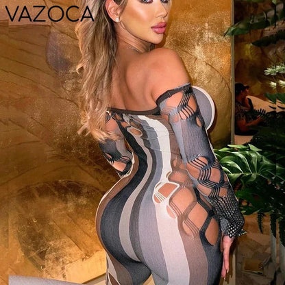 Mesh Striped Hollow Jumpsuit