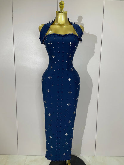 Rhinestone Pearl Bandage Midi Dress
