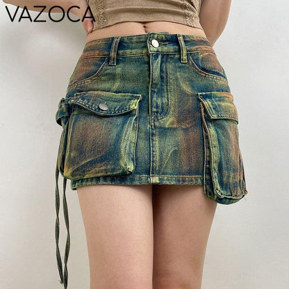 Asymmetrical Pockets Denim Skirt