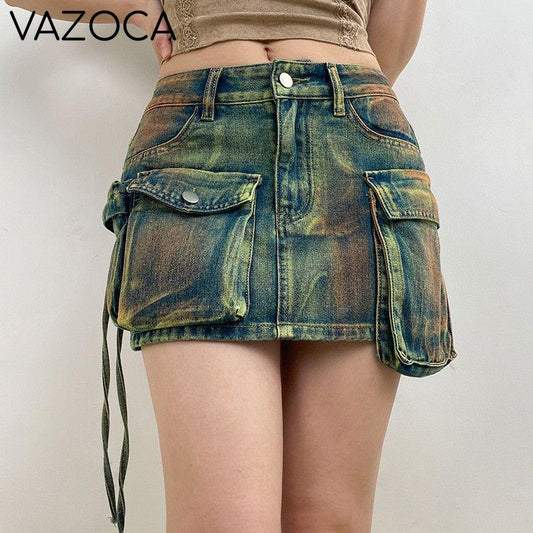Asymmetrical Pockets Denim Skirt