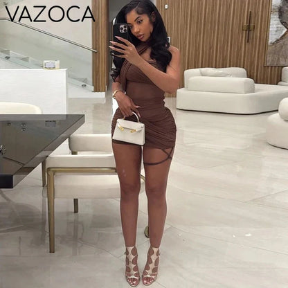 Mesh Wrap Halter Mini Dress
