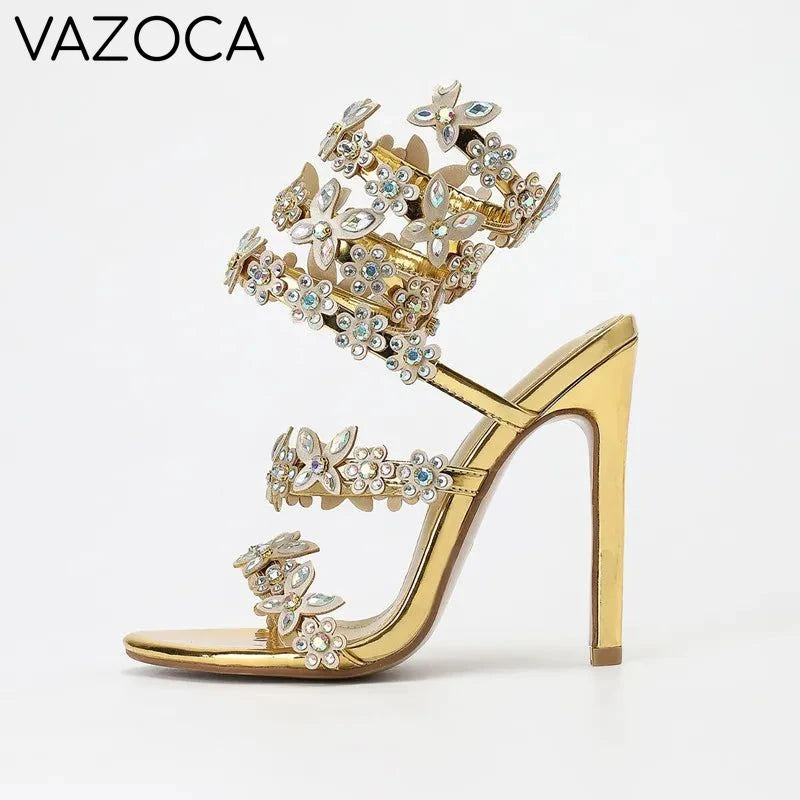 Butterfly Flowers Gladiator High Heels Gold