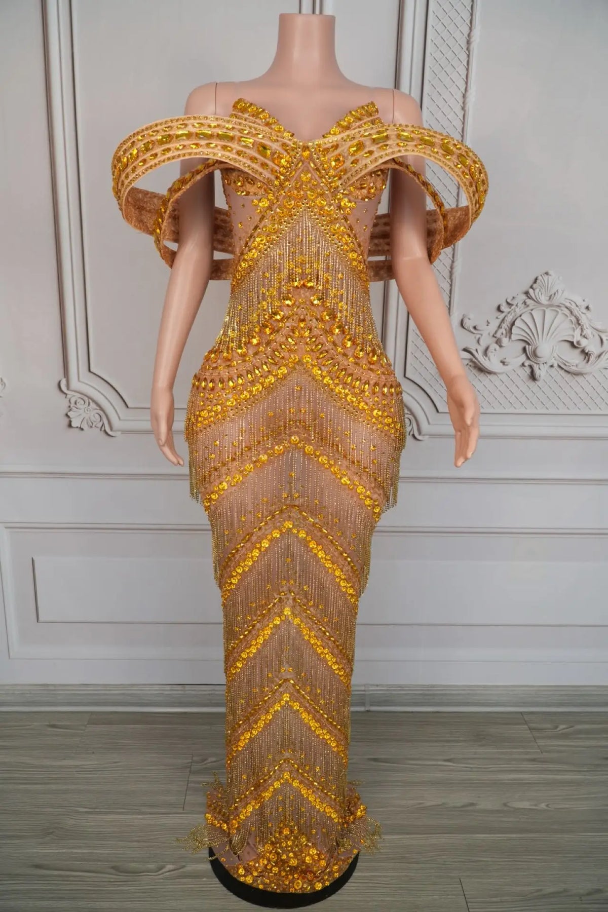 Grandiose Rhinestone Mesh Maxi Dress