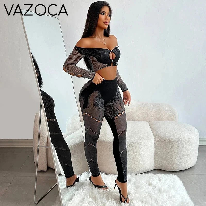 Off-Shoulder Long Sleeve Mesh Set