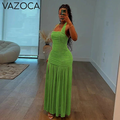 Lime Ruched Halter Maxi Dress