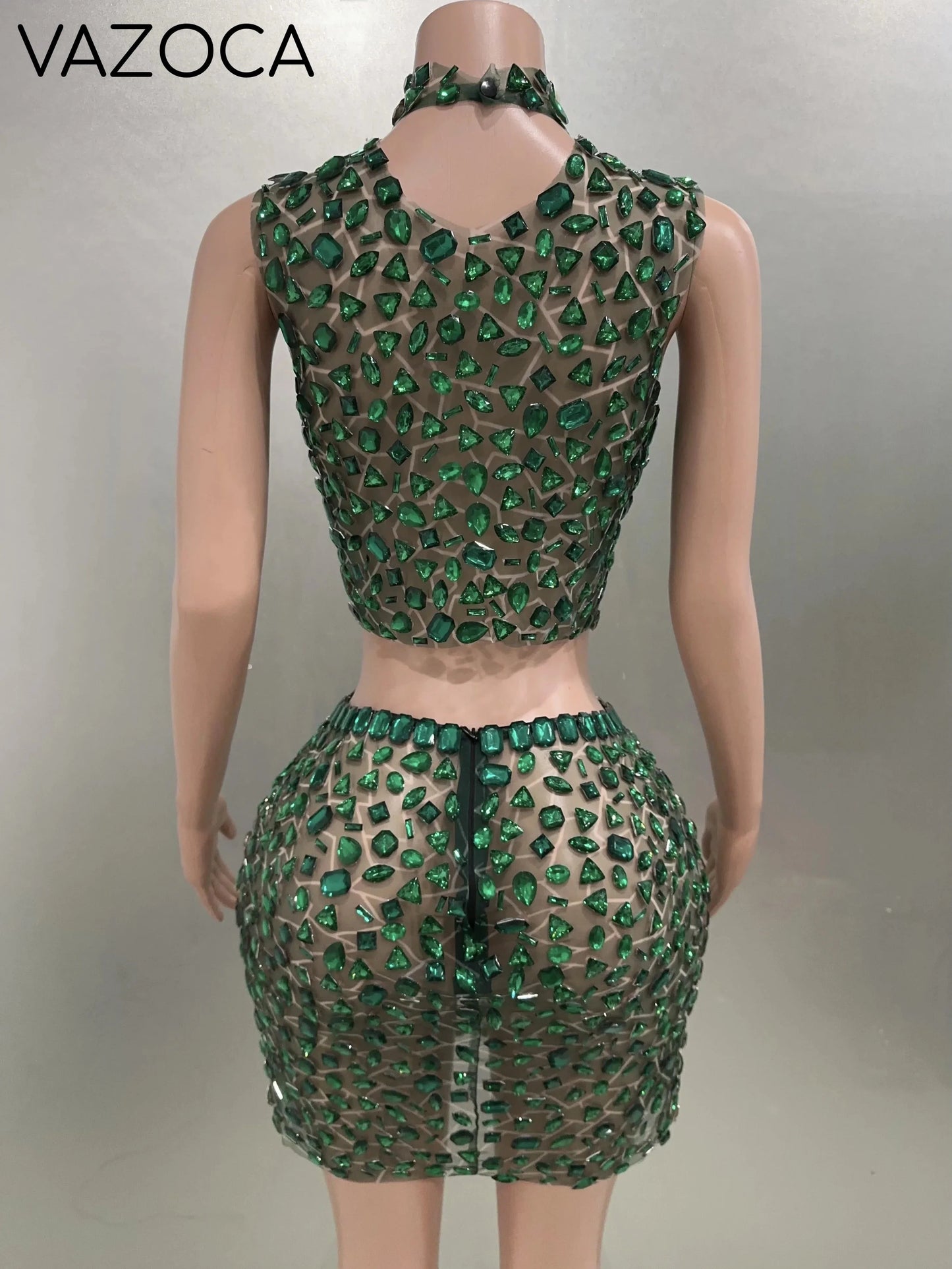 Rhinestone Green Mini Skirt Set