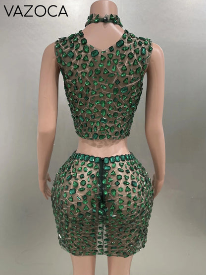 Rhinestone Green Mini Skirt Set