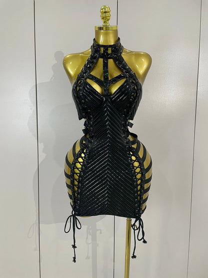 Gothic Leather Bandage Mini Dress