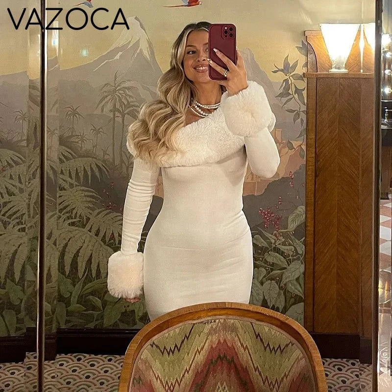 Fur Collar Off One Shoulder Bodycon Dress