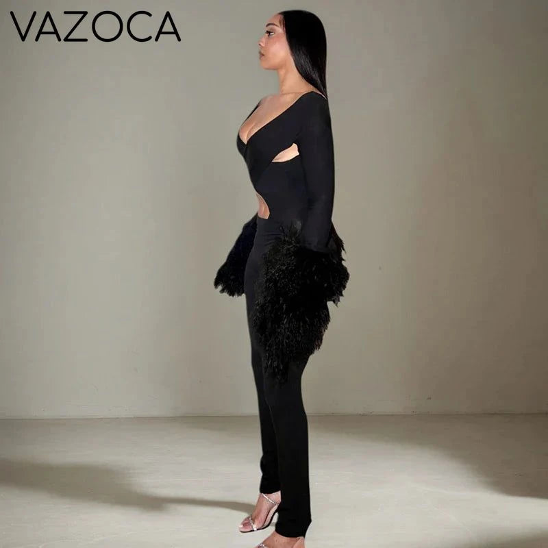 Faux Fur Bell Sleeve Jumpsuit