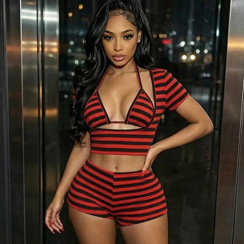 Striped 3 Piece Bra and Short Set
