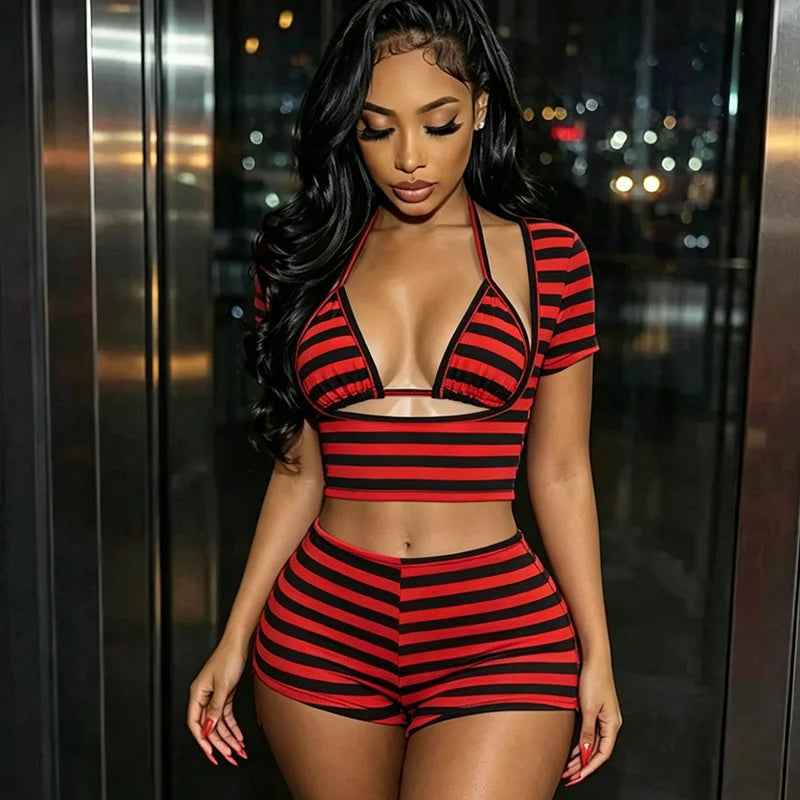 Striped 3 Piece Bra and Short Set