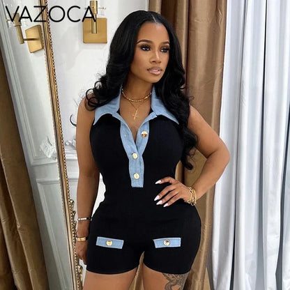 Denim Print Collar Button Romper