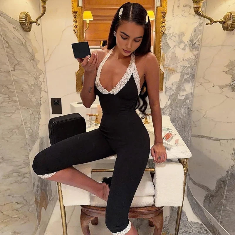 Midnight Lace Trim Capri Jumpsuit