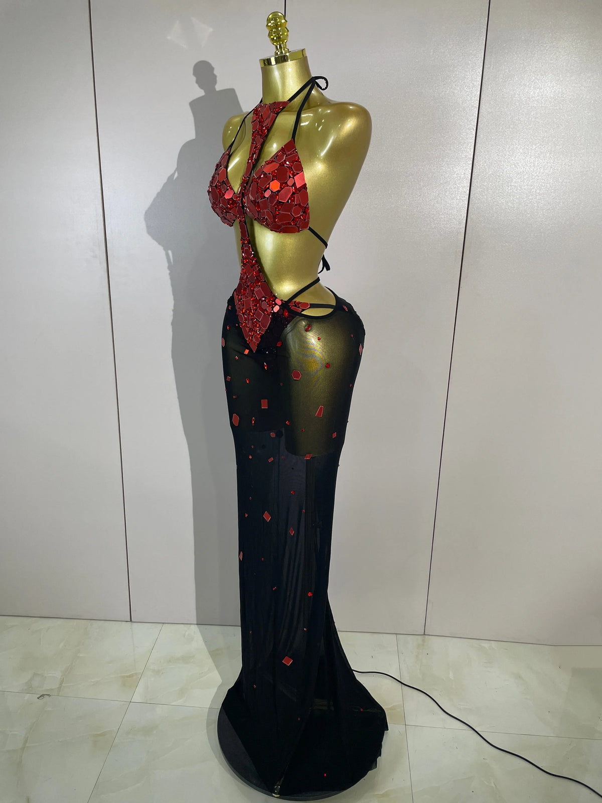 Red Mirror Bikini Mesh Dress Set