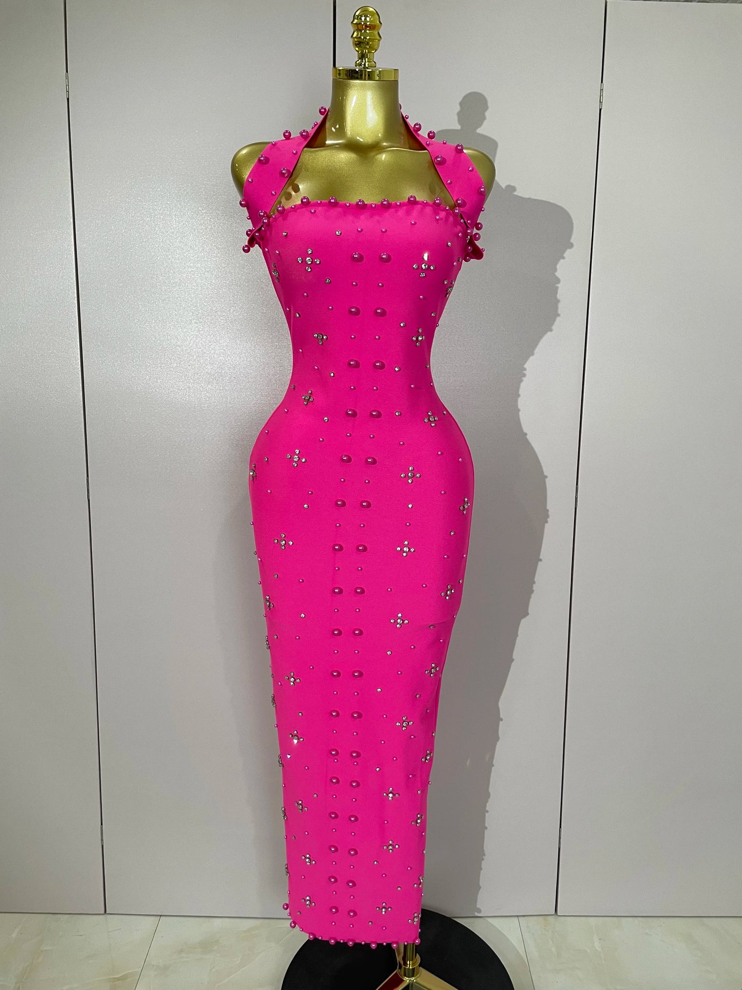 Rhinestone Pearl Bandage Midi Dress
