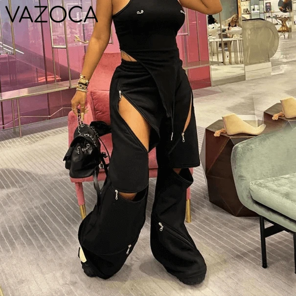 Zip Detail Wide-Leg Cargo Pants