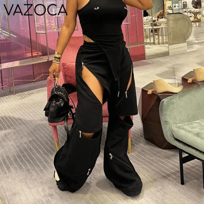 Zip Detail Wide-Leg Cargo Pants