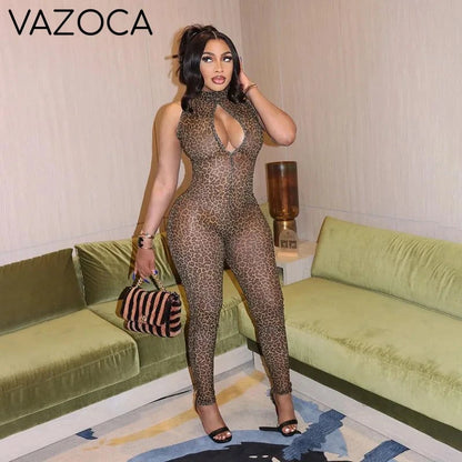Leopard Mesh Cut-Out Jumpsuit