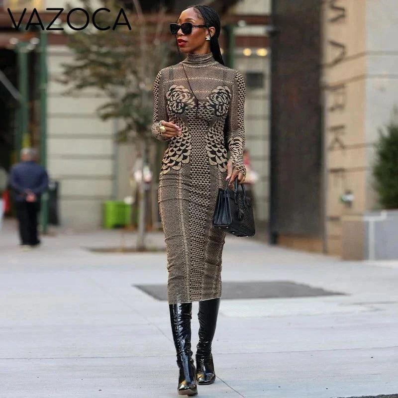 Embroidery Turtleneck Mesh Dress