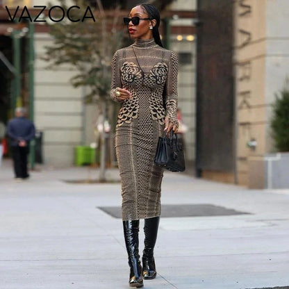 Embroidery Turtleneck Mesh Dress