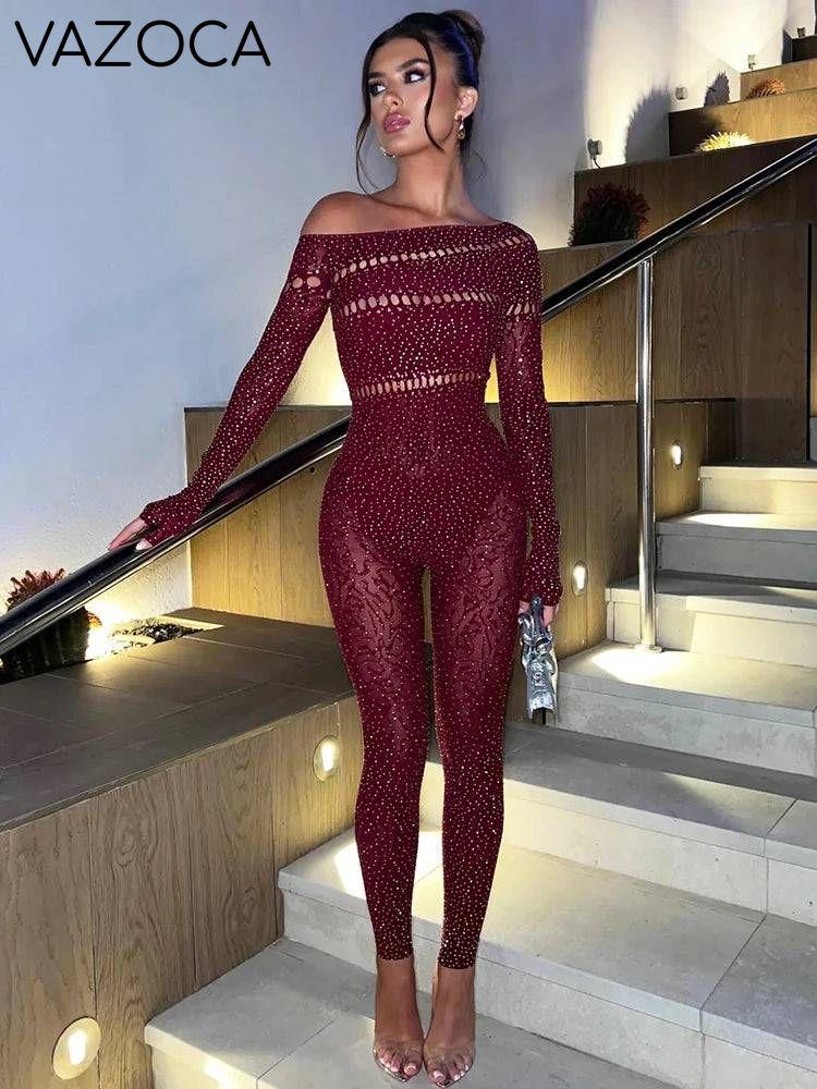 Shayna Rhinestone Jumpsuit Wine Red One Size