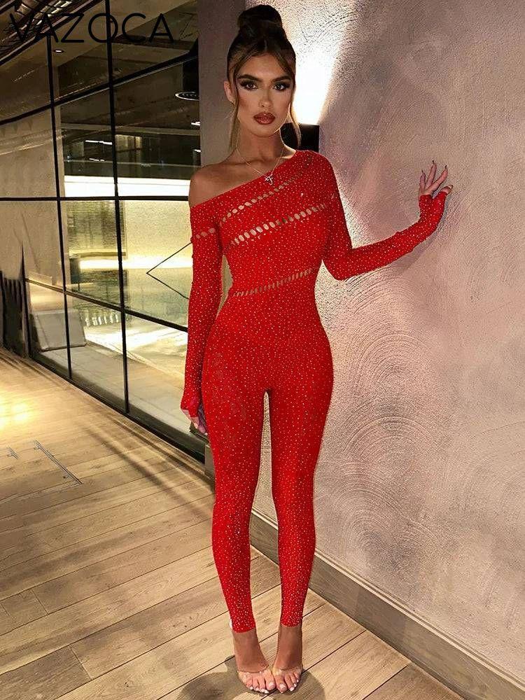 Shayna Rhinestone Jumpsuit Red One Size