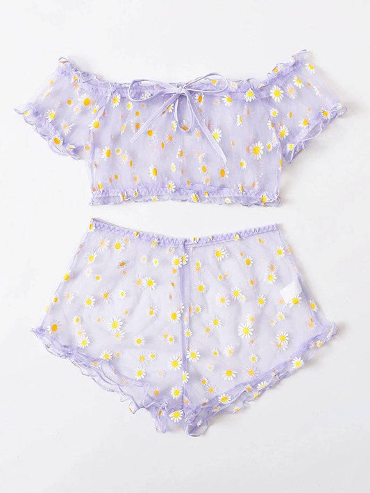 Sheer Mesh Daisy Bardot Lingerie Set