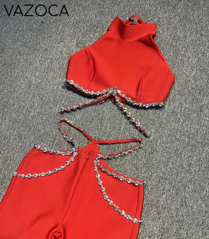 Shinning Crystal Bandage Pants Set