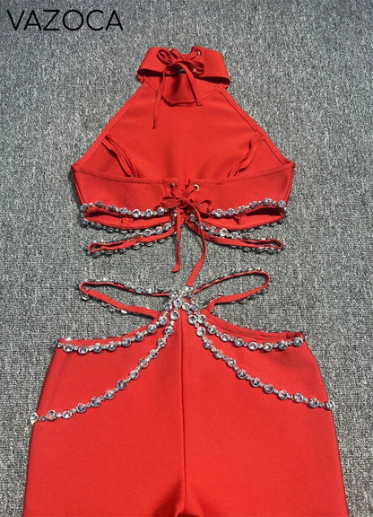 Shinning Crystal Bandage Pants Set