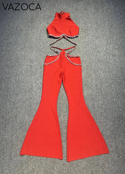 Shinning Crystal Bandage Pants Set