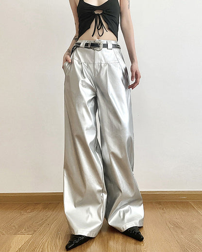 Silver Loose Fashion Casual Straight Wide Leg Leather Pants for Women Silver