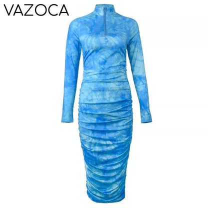 Sky Blue Tie Dye Ruched Dress