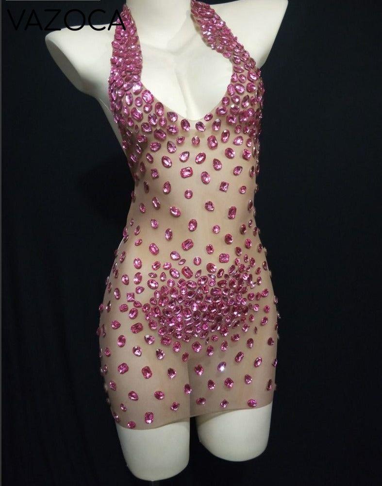 Sparkly Rhinestone Mesh Dress Pink