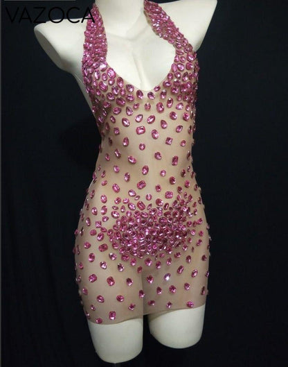 Sparkly Rhinestone Mesh Dress Pink