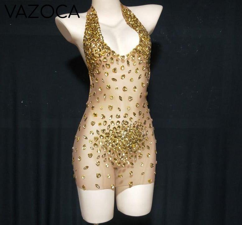 Sparkly Rhinestone Mesh Dress Gold