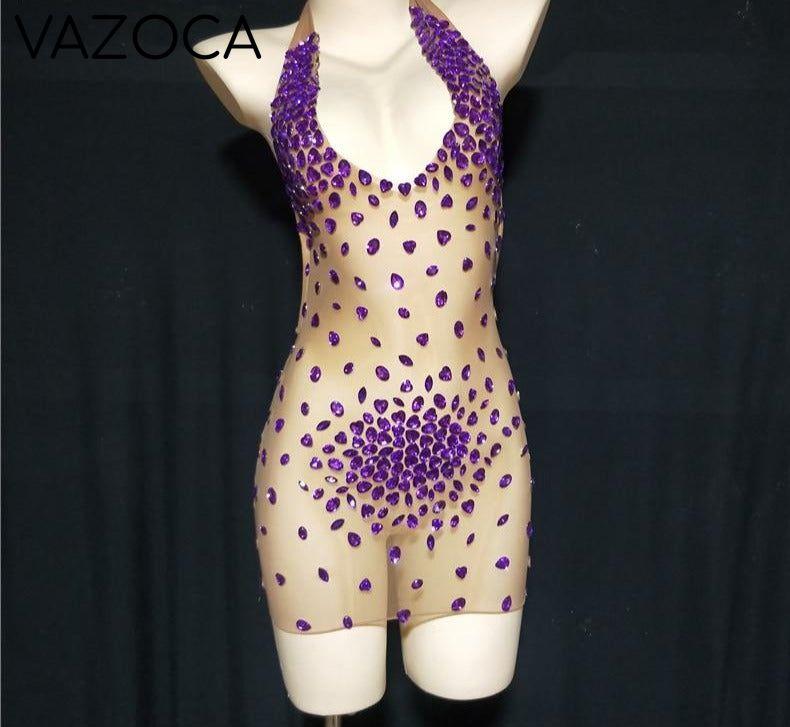 Sparkly Rhinestone Mesh Dress Purple