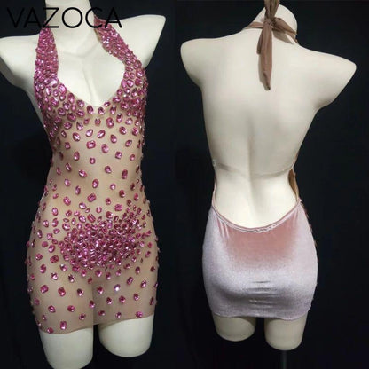Sparkly Rhinestone Mesh Dress Pink XS