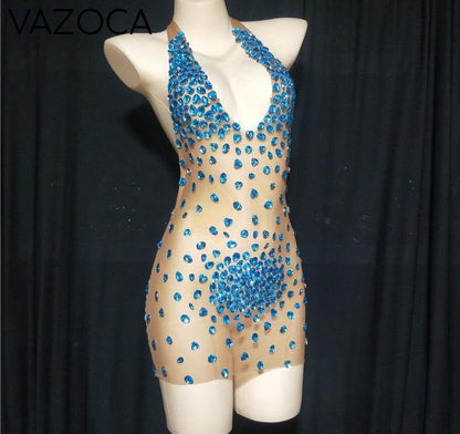 Sparkly Rhinestone Mesh Dress Blue