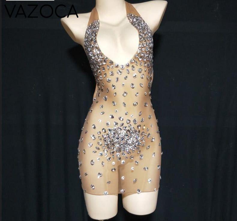 Sparkly Rhinestone Mesh Dress Silver