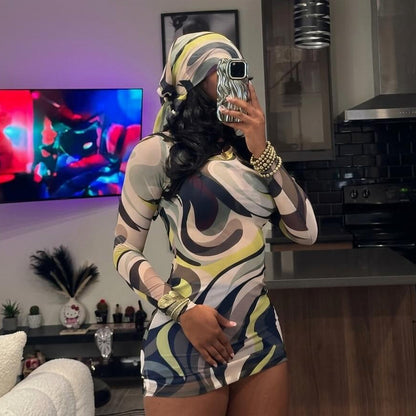 Abstract Print Mini Dress Headwrap Set